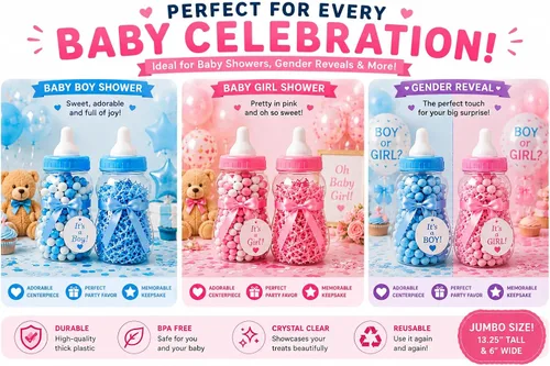 Vista 6 de Evershine Banco de biberones de plástico, banco de ducha de bebé rellenable azul de 13 pulgadas, centro de mesa de botella de plástico Jumbo Baby