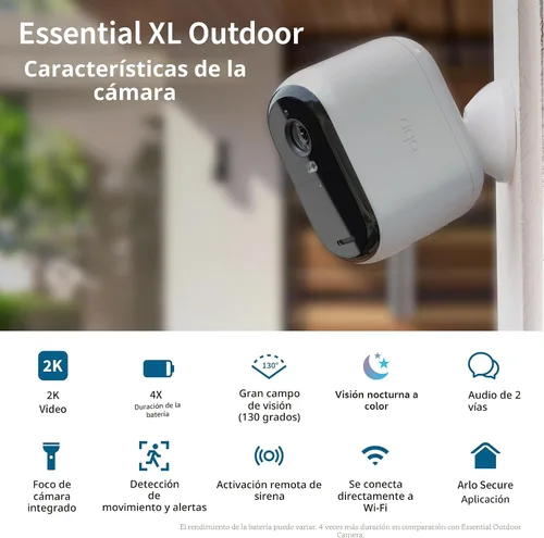 Vista 2 de Cámara de seguridad Arlo Essential XL 2K Interior - Exterior 2ª generación Batería 4 veces más duradera Sin cables con foco, audio de 2