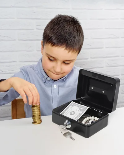 Vista 3 de Caja de dinero pequeña con bandeja de dinero y cerradura, caja de dinero de metal para efectivo, caja de seguridad XXS, color negro