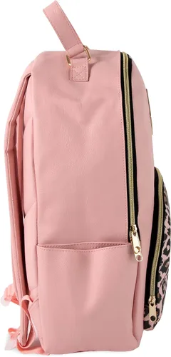 Vista 4 de Emma & Chloe Mochilas de vinilo impermeables para viajar y viajar al trabajo, Pink Leopard, Mochila casual