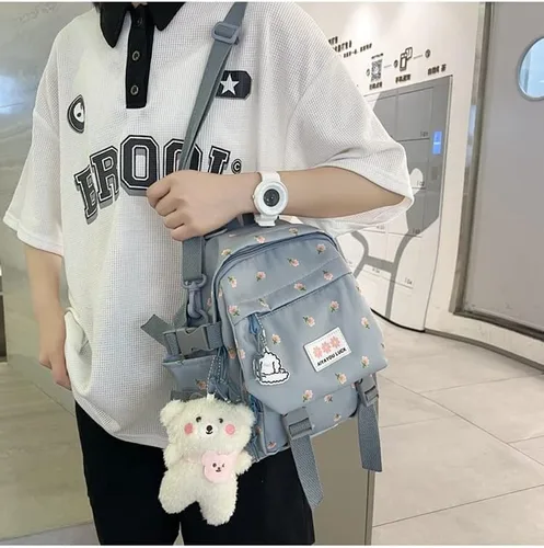 Vista 3 de kakarin choyx Mochila estética Kawaii de 10.6 pulgadas con colgante mini mochila linda mochila japonesa bolsa de flores, Azul, Kawaii