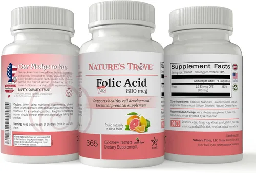 Vista 3 de Nature's Trove Ácido fólico 800 mcg (vitamina B9) 365 EZ Chew Tablets sabor cereza