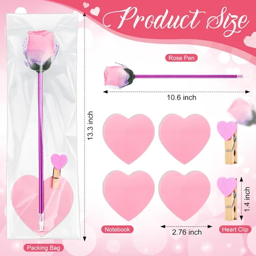 Vista 2 de Yexiya 48 juegos de bolígrafos de rosas para el día de San Valentín, regalos a granel con notas adhesivas, clips de corazón, bolsas de regalo