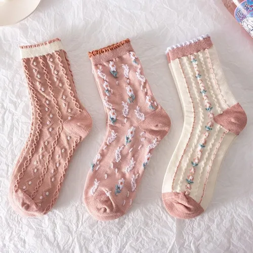Vista 3 de Juego de 6 pares de calcetines de algodón transpirables de punto floral para mujeres y niñas