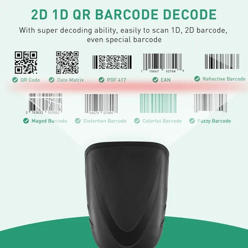 Vista 4 de Escáner de código de barras, escáner de código de barras QR con cable USB 2D Escáner de inventario de mano automático UPC EAN lector Biblioteca