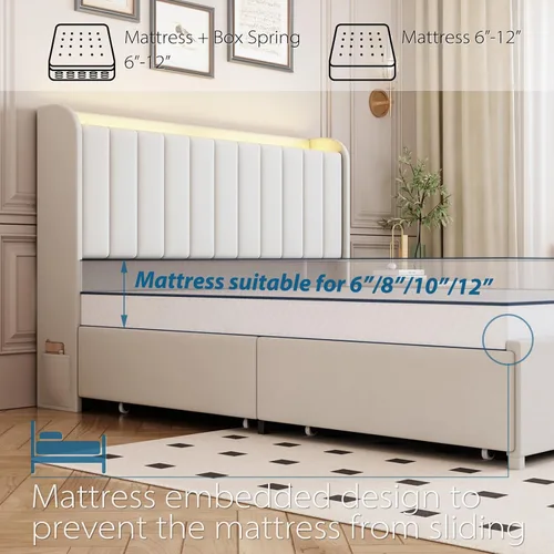 Vista 6 de Marco de cama completa con 4 cajones y cabecera de almacenamiento, marco de cama de plataforma tapizada tamaño completo con luces LED y práctica