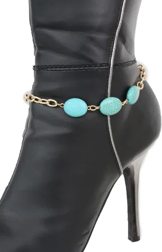 Vista 9 de TFJ - Pulsera de botas de moda para mujer, cadenas de metal, tacones altos, color turquesa, azul, abalorios, oro, Metal