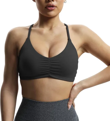 Vista 5 de Aoxjox Brasier deportivo de entrenamiento para mujer, camiseta sin mangas con espalda cruzada, fruncida, con relleno, para yoga