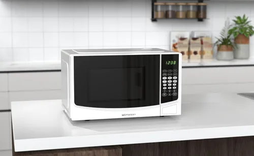 Vista 6 de Emerson Horno microondas compacto de 0.9 pies cúbicos con control táctil, pantalla LED, 900 W, 6 menús automáticos con plato giratorio de vidrio