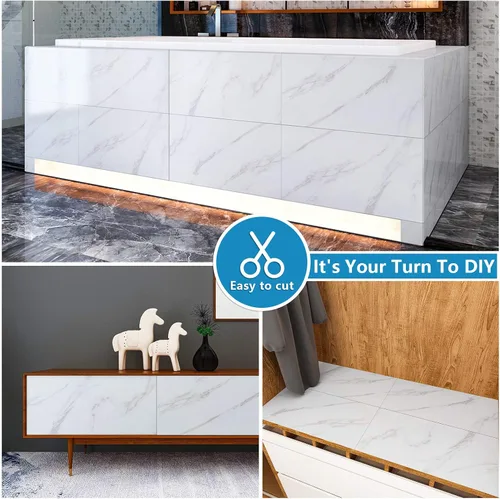 Vista 8 de VEELIKE Azulejos de mármol blanco para despegar y pegar de 12 x 24 pulgadas, suelo de vinilo impermeable para baño, autoadhesivo, extraíble