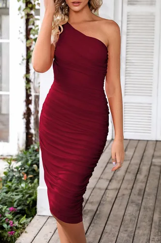 Vista 5 de PRETTYGARDEN Vestido ajustado fruncido para mujer, vestido de verano con un hombro descubierto, sin mangas, para fiesta, cóctel, vestido de tubo