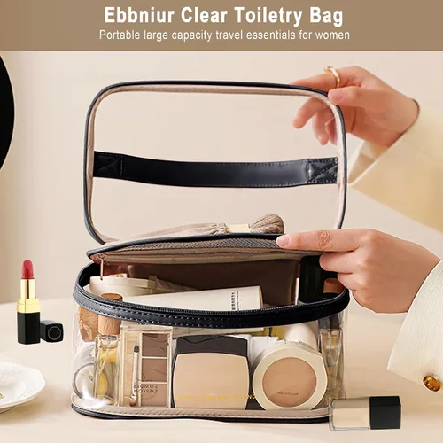 Vista 5 de Bolsa de aseo transparente, organizador de artículos de aseo de viaje transparente, gran apertura, bonita bolsa de maquillaje de viaje, artículos