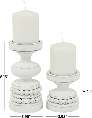 Vista 3 de Deco 79 - Portavelas decorativo de madera con cuentas, soporte de vela de pilar, juego de 2 portavelas, 8 pulgadas, 4 pulgadas de alto, blanco