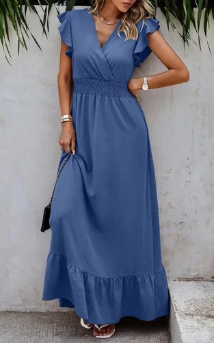Vista 7 de ECOWISH Vestido largo para mujer, manga casquillo, estilo bohemio, cuello en V, vestidos largos