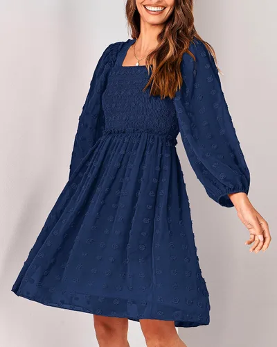 Vista 9 de BTFBM Vestidos fruncidos con cuello cuadrado para mujer, verano, otoño, manga larga, floral, lunares suizos, volantes, mini vestido bohemio
