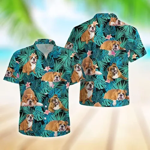 Vista 8 de LEVENTINO Camisa hawaiana de verano de Bulldog Inglés, camisa de manga corta con botones para verano, amante de los perros DG124h19, Multi, XXL