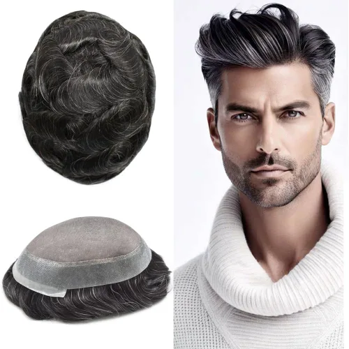 Vista 32 de Toupee For Men Hair Piece Fine Mono Hair System For Men Human Hair Mens Toupee Hair Piece For Men Hair Replacement Protesis Capilar 8x10 Medium