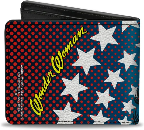 Vista 2 de Buckle-Down Billetera plegable de PU para hombre, diseño de estrellas y cara de la mujer maravilla, azul, rojo, amarillo, blanco, multicolor, 4.0 x