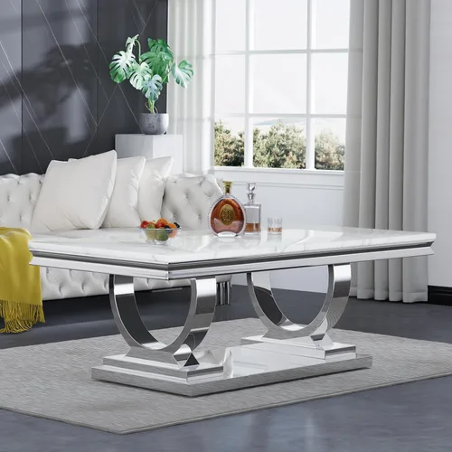 Vista 9 de Mesa auxiliar moderna de mármol sintético, mesa auxiliar de mármol sintético con marco geométrico, mesa central rectangular de mármol, mesa de té