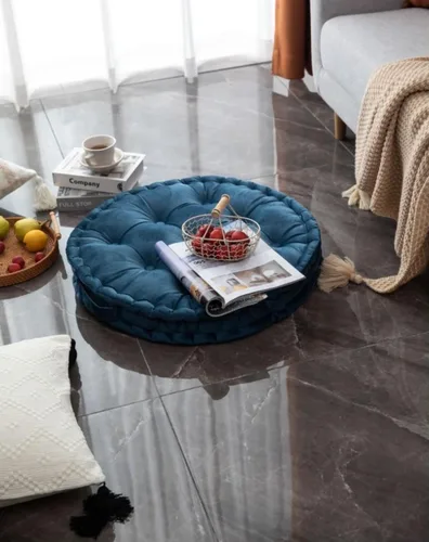 Vista 6 de MOJUN Almohada redonda de meditación, almohadas grandes para adultos, almohada redonda gruesa de terciopelo holandés con asa para yoga, sala de Azul