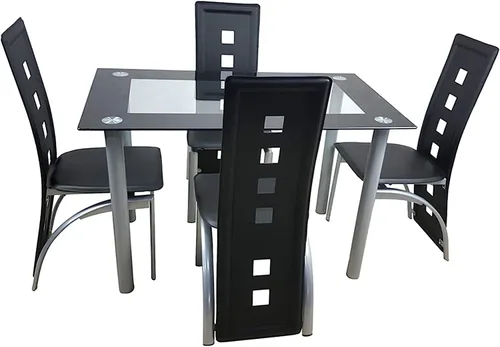Vista 4 de Juego de mesa de comedor negra de 5 piezas para 4, juego de mesa y sillas de cocina de vidrio moderno, juego de mesa de comedor que ahorra espacio