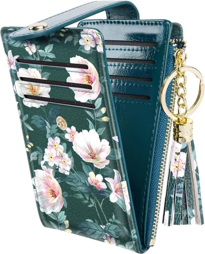 Vista 16 de Cartera delgada con bloqueo RFID para mujer, cartera de cuero con múltiples tarjetas, cartera plegable con borla, bolsillo con cremallera