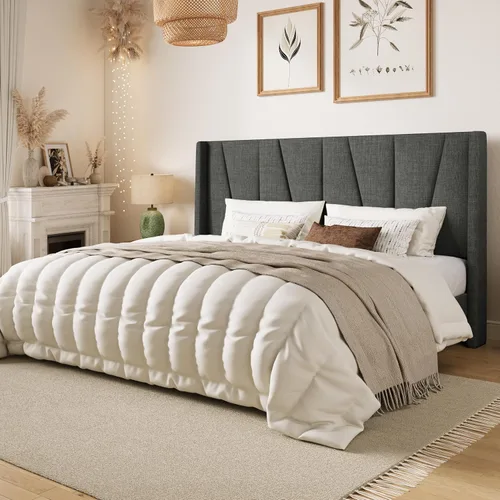 Vista 3 de SHA CERLIN - Base de cama tapizada King con cabecero, color gris oscuro