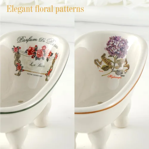 Vista 4 de Jabonera de baño de cerámica retro para ducha, 2 piezas, mini bañera de porcelana de 5.6 pulgadas, soporte de jabón autodrenante para decoración