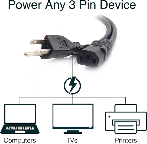 Vista 2 de C2G Cable de alimentación, cable de alimentación de repuesto, conector de 3 pines, cable de alimentación universal, 5-15P a C13, 18 AWG, negro, 3