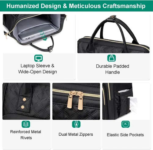 Vista 6 de Mochila de almuerzo, mochila para laptop de 15.6 pulgadas para mujeres, enfermeras, profesores, mochila de trabajo con lonchera aislada, Negro
