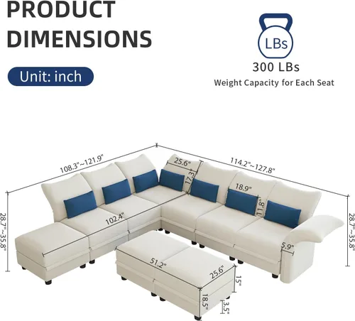 Vista 2 de LLappuil Sofá modular modular en forma de L con diván reversible convertible de 5 plazas con almacenamiento para sala de estar, color blanco