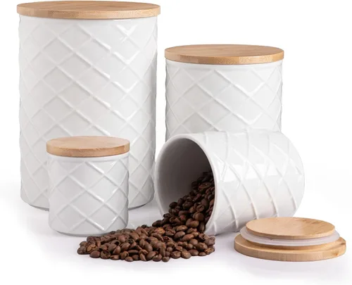 Vista 9 de Sweejar Juego de recipientes de cerámica para encimera de cocina, tarro de almacenamiento de alimentos en relieve con tapa de bambú, recipiente