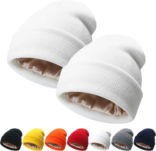 Vista 32 de NPQQUAN 2 PCS Satin Lined Beanie for Women Silk Lined Beanies Winter Warm Soft Lining Cuffed Knit Beanie Hats for Women