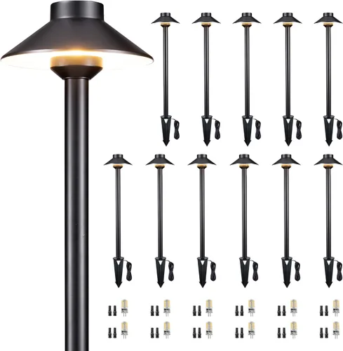 Vista 24 de Gardenreet Luces de camino de latón para exteriores, iluminación de camino de paisaje de bajo voltaje con cable, luz LED de pasarela de 12 V