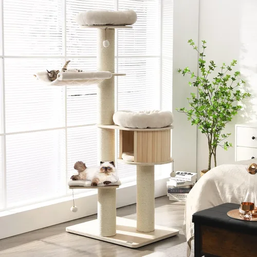 Vista 10 de Tangkula Árbol moderno para gatos, torre grande de varios niveles con condominio, hamacas y cesta colgante, árbol alto para gatos con postes