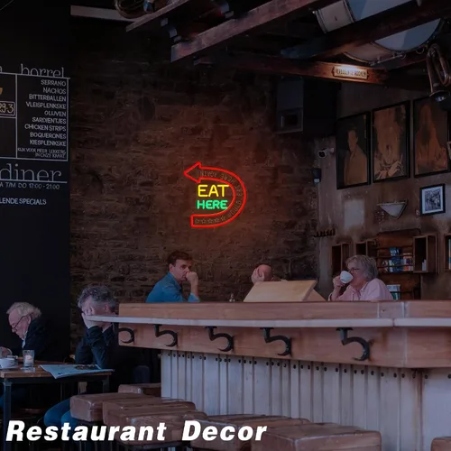 Vista 6 de Letrero de neón "Eat Here" Letrero de neón "Would Eat Here Again" Letreros de cocina Decoración de pared Letrero LED de comida para decoración