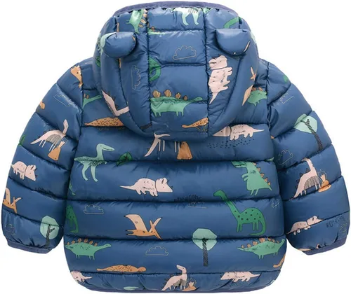 Vista 3 de TBUIALL Abrigo acolchado para niños, abrigo para niñas, resistente al viento, chaqueta con capucha cálida con estampado de dinosaurios, para niñas