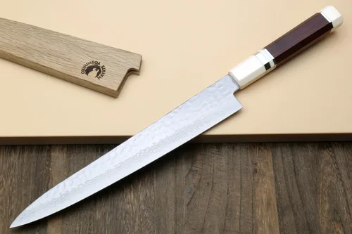 Vista 3 de Yoshihiro VG10 46 Capas Damasco Martillado Sujihiki Cuchillo Rebanador Japonés (9.5" (240mm) Mango de Palisandro) Mango de palisandro con cojín