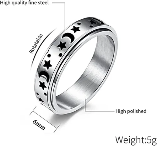 Vista 3 de DRUTORE Anillos de acero inoxidable para mujeres y hombres, anillos de ansiedad con flores de luna, estrellas y flores, antiestrés, anillos