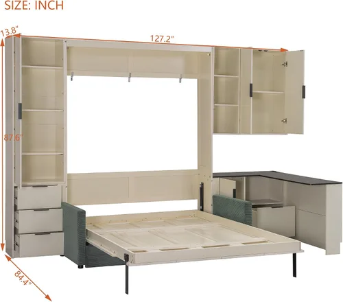 Vista 4 de Cama Murphy de Pared Tamaño Queen con Escritorio en Forma de L, Sofá de 2 Asientos y Luz, Marco de Cama Murphy Tradicional de Madera Maciza
