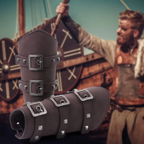 Vista 2 de Medieval Cosplay Gauntlet Wristband Armor Bracers Renaissance Costume Accessories Vintage Belt Pouch Viking Leather Arm Guard