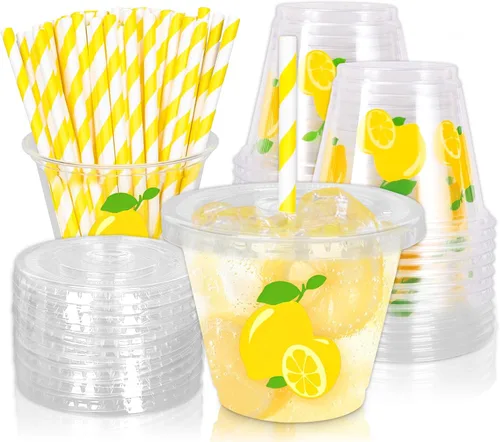 Vista 8 de Whaline 100 vasos de plástico desechables estilo bohemio de 9 onzas con tapas y pajitas, lindos vasos de bebida fría con sol amarillo para café