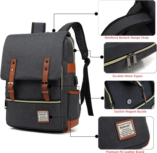 Vista 4 de UGRACE - Mochila vintage para portátil con puerto de carga USB, elegante mochila de viaje resistente al agua, mochilas casuales para hombres y Negro