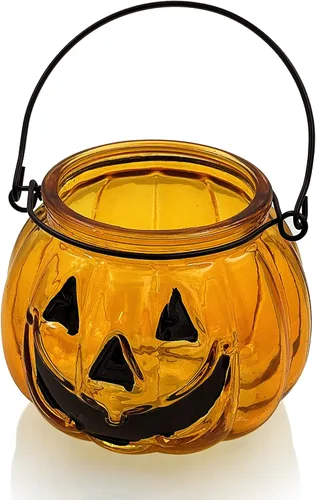 Vista 9 de Juego de 4 portavelas de Halloween, candelabros votivos de SHMILMH con mueca, metal colgante de calabaza Jack O Lanterns, decoración de Halloween