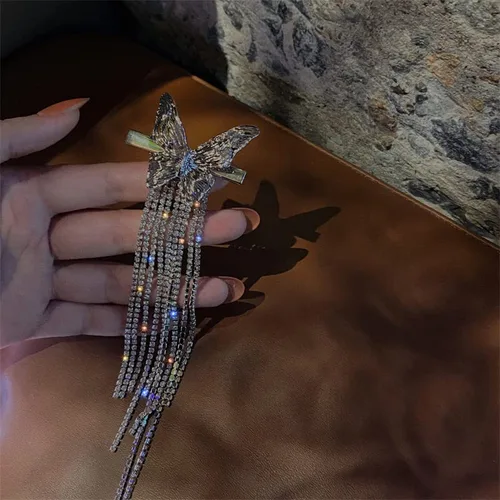 Vista 6 de Pinzas para el cabello de mariposa plateadas con diamantes de imitación, diseño de moda, accesorios para el cabello, cadena larga de borla