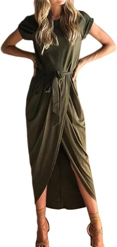 Vista 2 de YMING Vestido midi casual de cintura alta para mujer vestido cruzado de color sólido vestido alto y bajo con cinturón