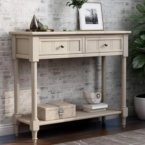 Vista 9 de P PURLOVE Mesa de sofá con cajones, mesa de entrada, mesa de consola de madera con dos cajones de almacenamiento y parte inferior para sala de estar