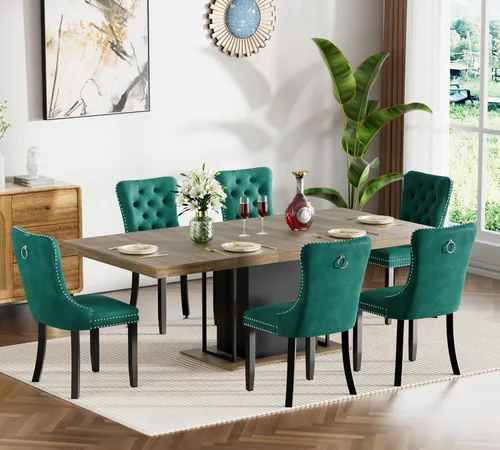 Vista 38 de Henf Juego de mesa de comedor extensible de 78 pulgadas para 6 mesas rectangulares de madera de 7 piezas con 6 sillas tapizadas de terciopelo, mesa