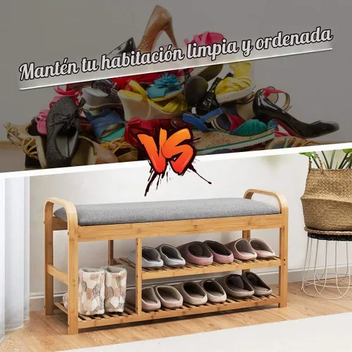 Vista 7 de GIANTEX - Banco de zapatos de bambú, banco de entrada de 3 niveles con cojín, carga máxima de 330 libras, moderno estante de almacenamiento
