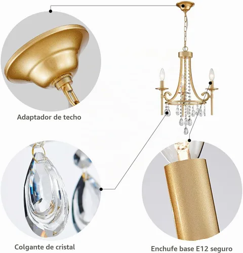 Vista 3 de WUZUPS Candelabro de Velas Colgante de 3 Luces, Lámpara de Techo Moderna, Accesorio de Iluminación para Dormitorio, Pasillo, Bar, Cocina, Comedor Oro